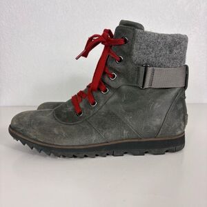 Sorel Grey Leather Red Lace Up Mid Calf Boots Women's Size 10.5